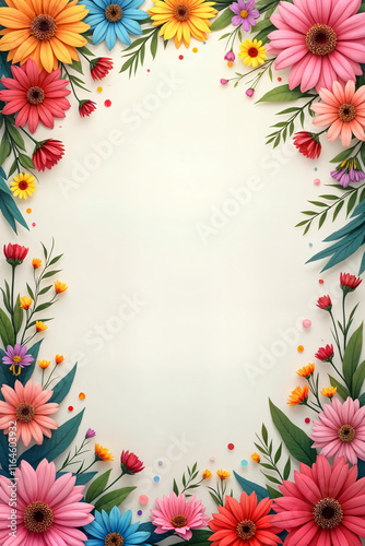 Wallpaper Mural Holiday card. Beautifully crafted frame with a white center, adorned with a variety of colorful flowers and leaves. Torontodigital.ca