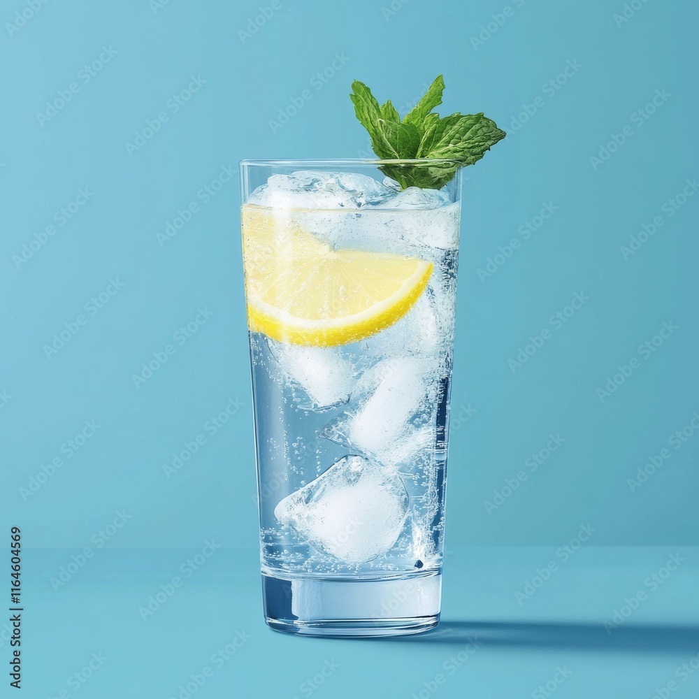 A tall glass of water with a lemon slice on top. The glass is filled with ice cubes and the lemon slice is floating on top of the water A tall glass of water with a lemon slice on top. The glass is filled with ice cubes and the lemon slice is floating on top of the water