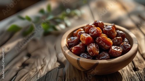 dried date fruit in bowl on wooden table background