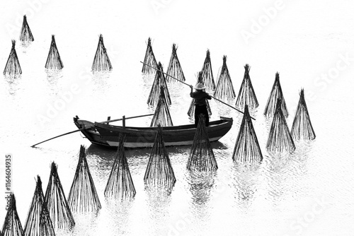 silhouette of a boat among fishing nets