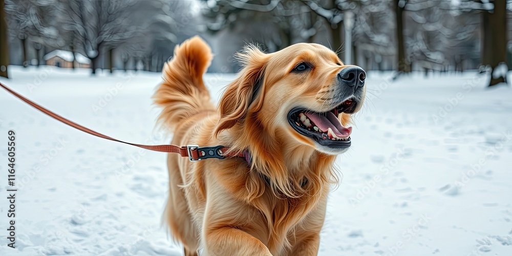 A golden retriever energetically pulls on its leash while walking through a park blanketed in fresh snow, surrounded by trees and winter scenery A golden retriever energetically pulls on its leash while walking through a park blanketed in fresh snow, surrounded by trees and winter scenery