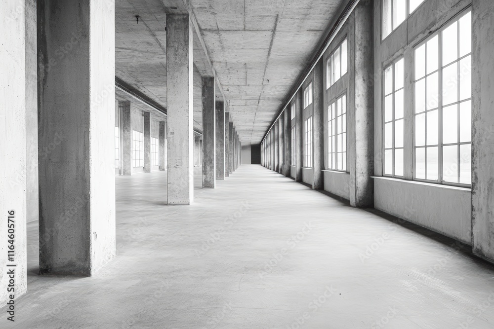 Empty industrial hallway with windows and concrete walls Empty industrial hallway with windows and concrete walls