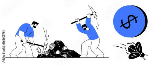 Workers using hammer and pickaxe to break rocks, signifying labor and persistence. Money icon suggests financial reward. Ideal for themes thumbs up hard work, financial growth, perseverance, mining
