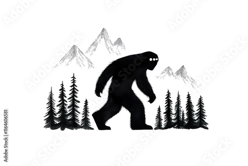 Black cartoon drawing of Bigfoot walking through the forest, wearing dark fur and glowing eyes	 photo