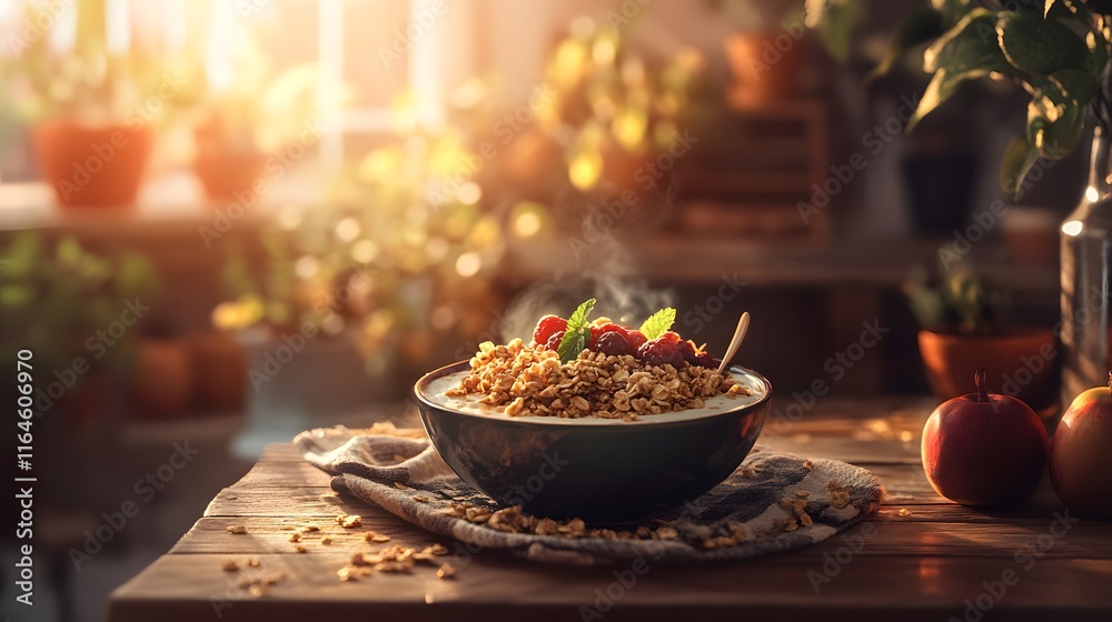 A bowl of granola with berries and yogurt sits on a wooden table A bowl of granola with berries and yogurt sits on a wooden table
