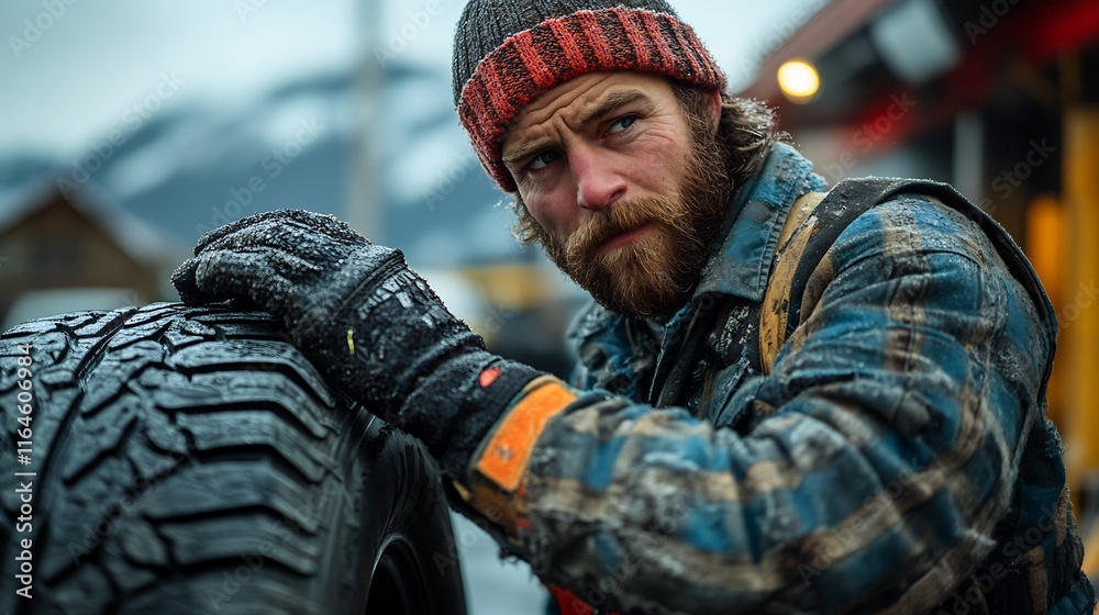 Obraz premium Natural light photography of mechanic working on a tire in an outdoor repair environment