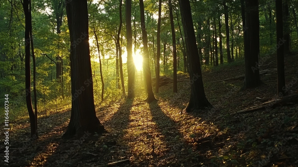 A forest with trees and a sun shining through the trees. The sun is in the sky A forest with trees and a sun shining through the trees. The sun is in the sky