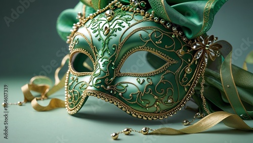 Green masquerade mask with gold details on soft background