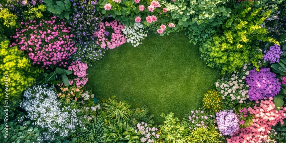 Obraz premium A garden with a large circle of flowers and grass. The flowers are of different colors and sizes, and the grass is green. The garden appears to be well-maintained and inviting