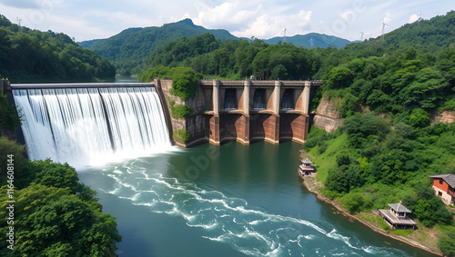 Renewable hydro electric energy power dam in green rainforest photo