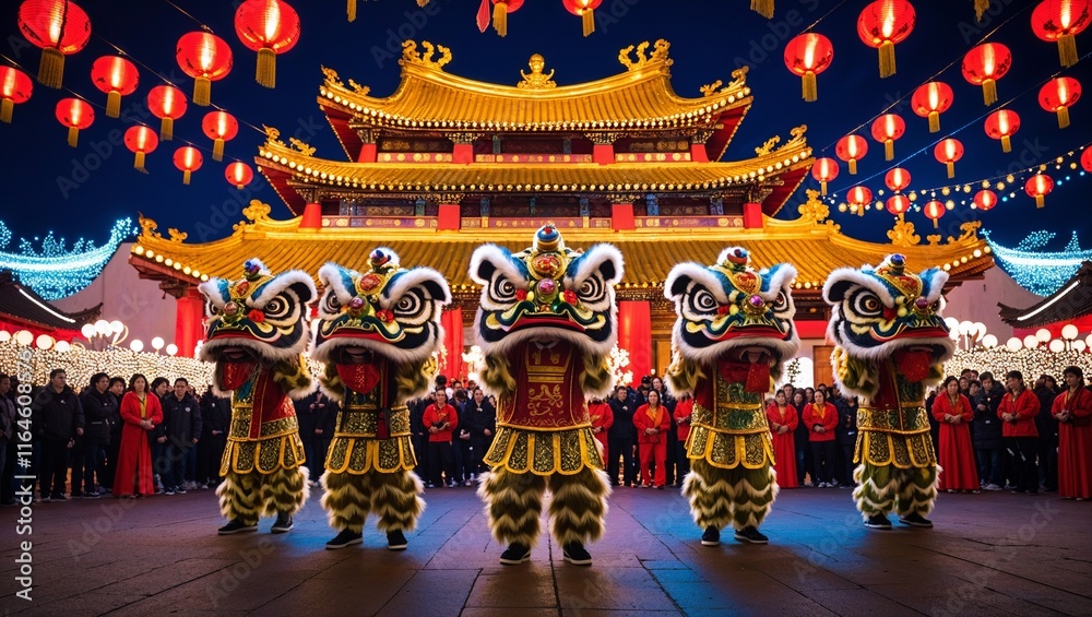 Fototapeta premium Chinese dragon dance performers at night festival with lanterns