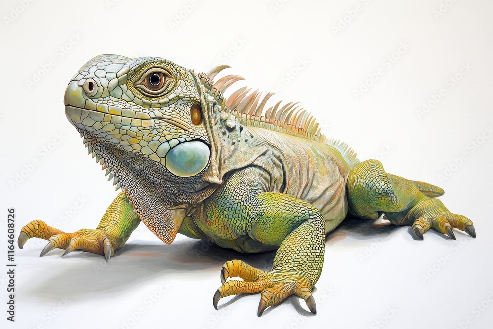 Close-up of a green iguana with detailed scales and spines, set against a white background in studio lighting. Close-up of a green iguana with detailed scales and spines, set against a white background in studio lighting.
