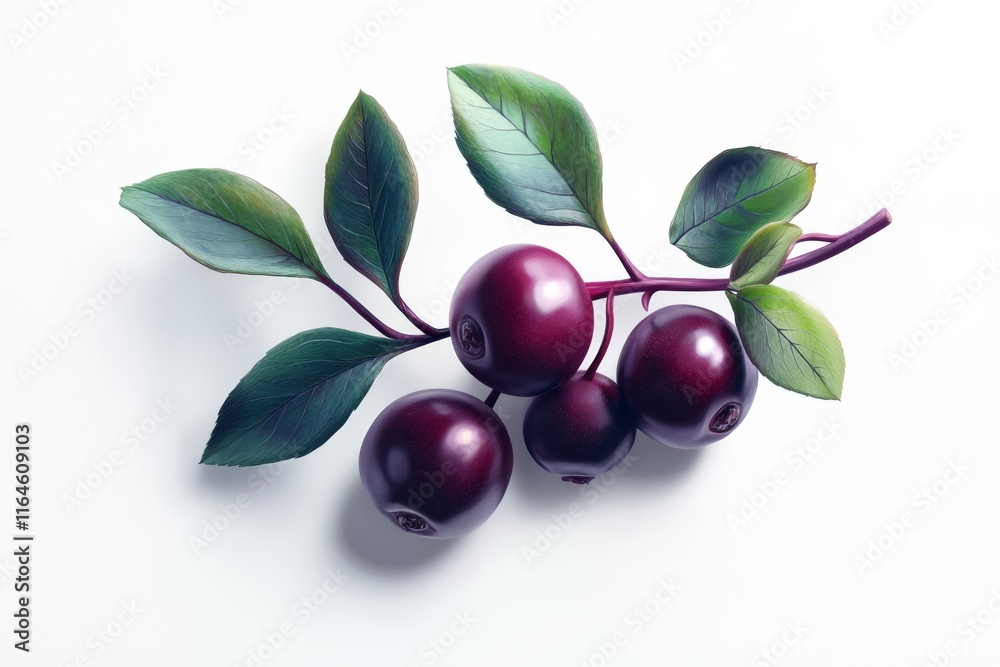 Close-up of dark purple berries with lush green leaves on a white background, showcasing vibrant colors and minimalistic design. Close-up of dark purple berries with lush green leaves on a white background, showcasing vibrant colors and minimalistic design.