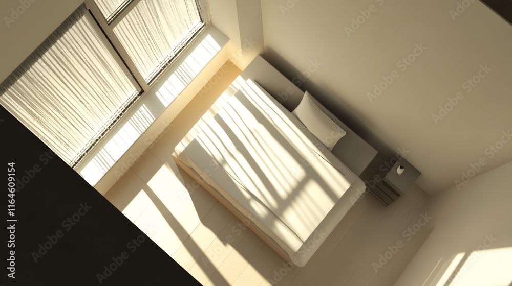 Obraz premium Aerial view of a minimalist bedroom with sunlight streaming through large windows, creating shadows on the floor.