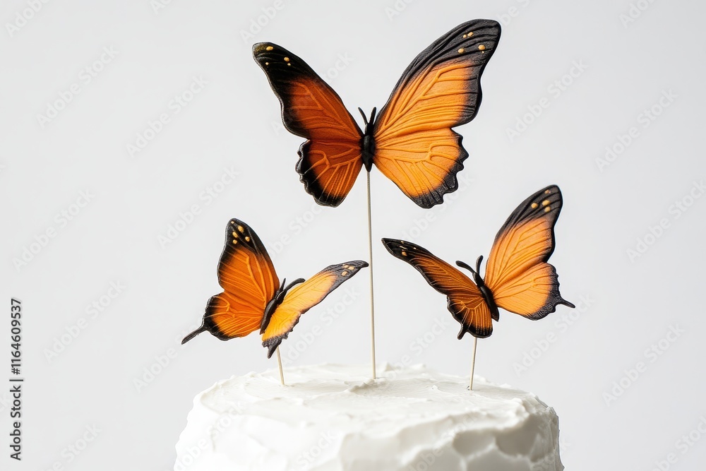 Obraz premium Three orange butterflies are on top of a white cake. The butterflies are positioned in a row, with one on the left, one in the middle, and one on the right