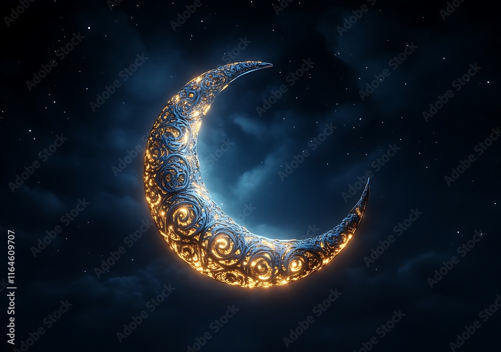 Ornate crescent moon glowing at night. Ornate crescent moon glowing at night.