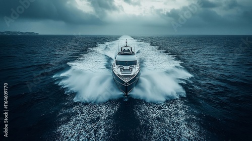 Luxury yacht speeding through stormy sea.