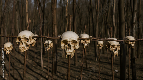 Skulls impaled in a deserted forest. photo