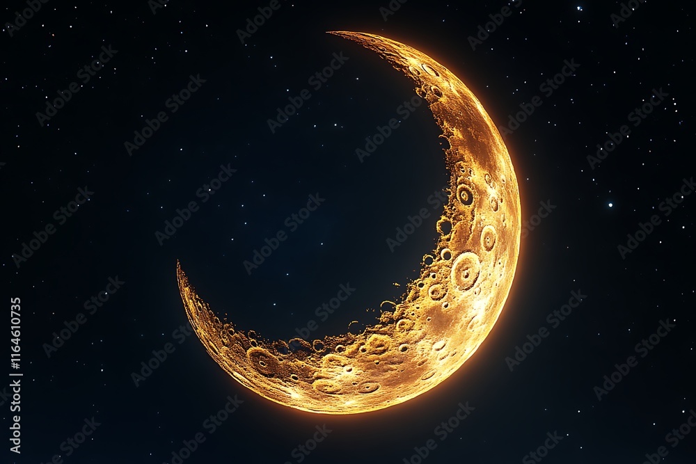 Fiery crescent moon in starry night. Fiery crescent moon in starry night.