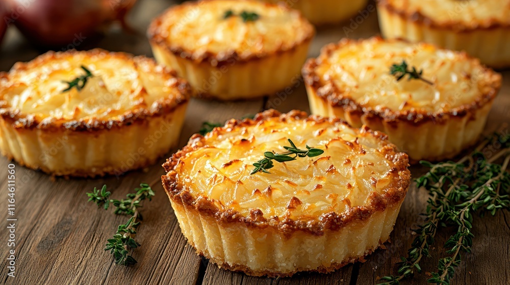 Mini onion and cheese tarts on a wooden table. Mini onion and cheese tarts on a wooden table.