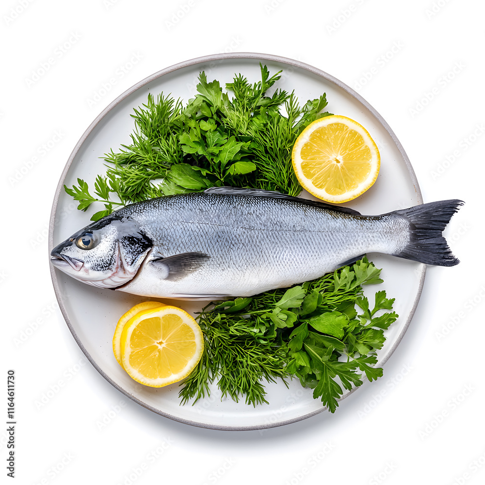 Fresh Raw Whole Sea Fish with Lemon on plate top view isolated on white background Fresh Raw Whole Sea Fish with Lemon on plate top view isolated on white background