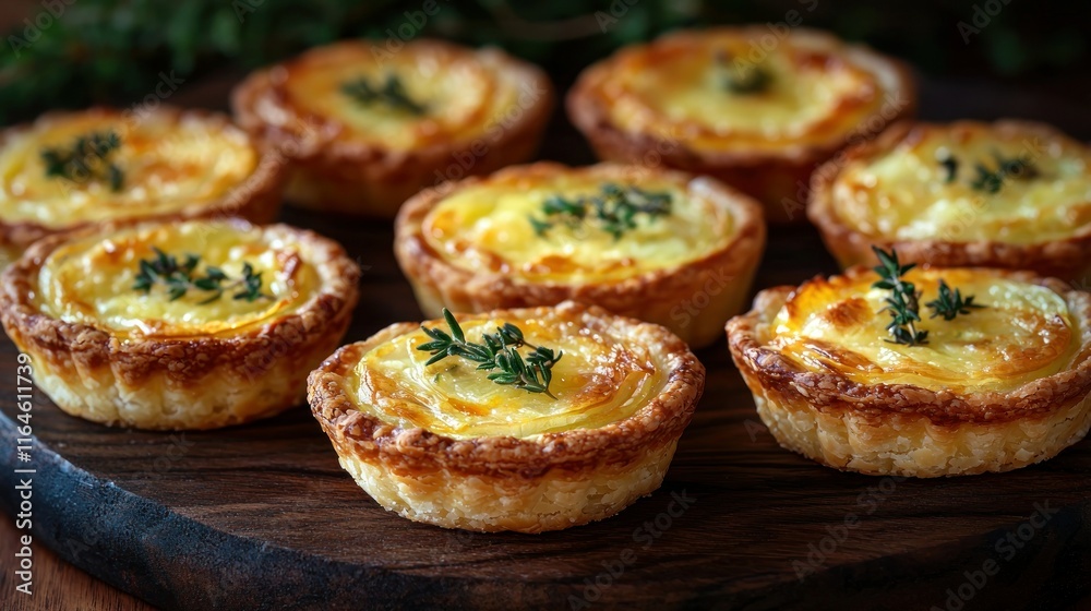 Mini potato quiches with thyme on wooden board. Mini potato quiches with thyme on wooden board.