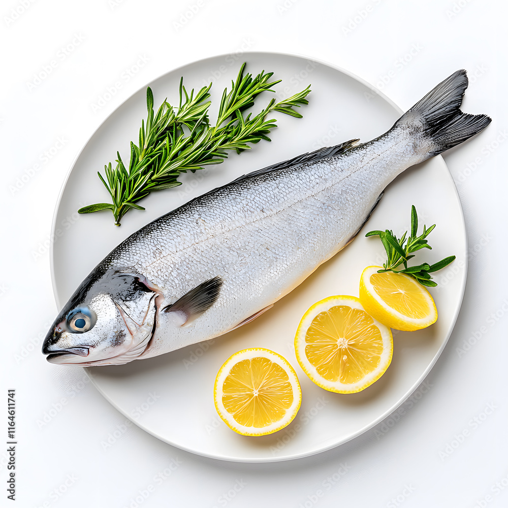 Fresh Raw Whole Sea Fish with Lemon on plate top view isolated on white background Fresh Raw Whole Sea Fish with Lemon on plate top view isolated on white background