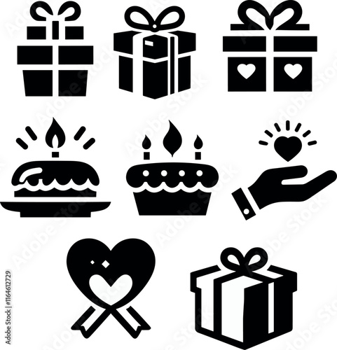 Gift box icons set with bows and hands for celebrations and holidays on isolated background