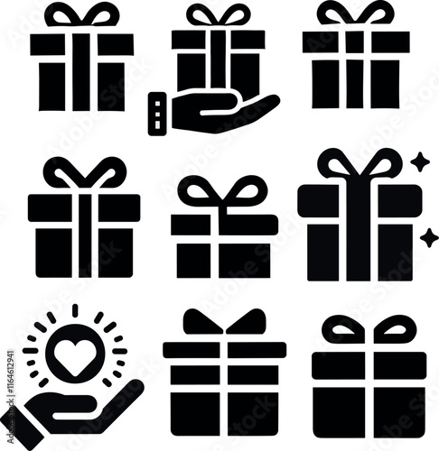 Gift box icons set with bows and hands for celebrations and holidays on isolated background