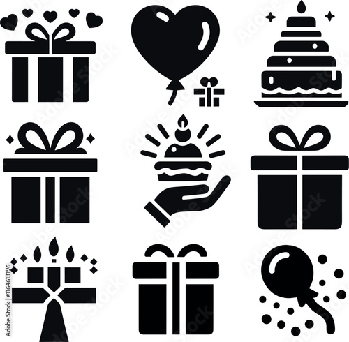 Gift box icons set with bows and hands for celebrations and holidays on isolated background