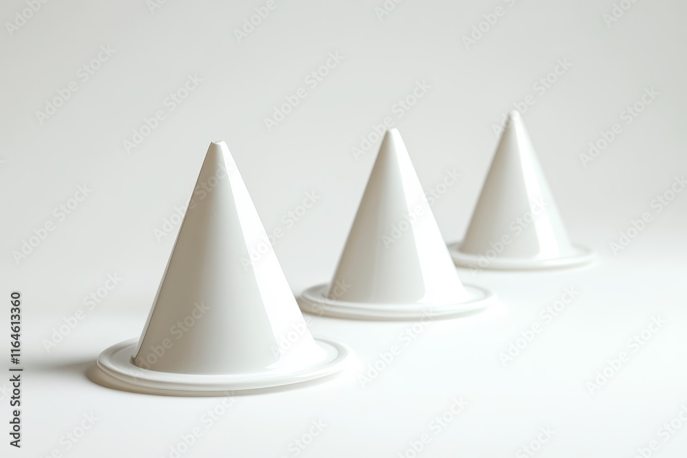 Fototapeta premium A minimalist image featuring three white geometric cones aligned on a plain background, showcasing simplicity and modern design.