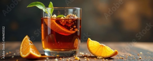 Rich brown liquid in a glass with dry orange peel and small particles floating on top, cocoa powder, mysterious substances photo