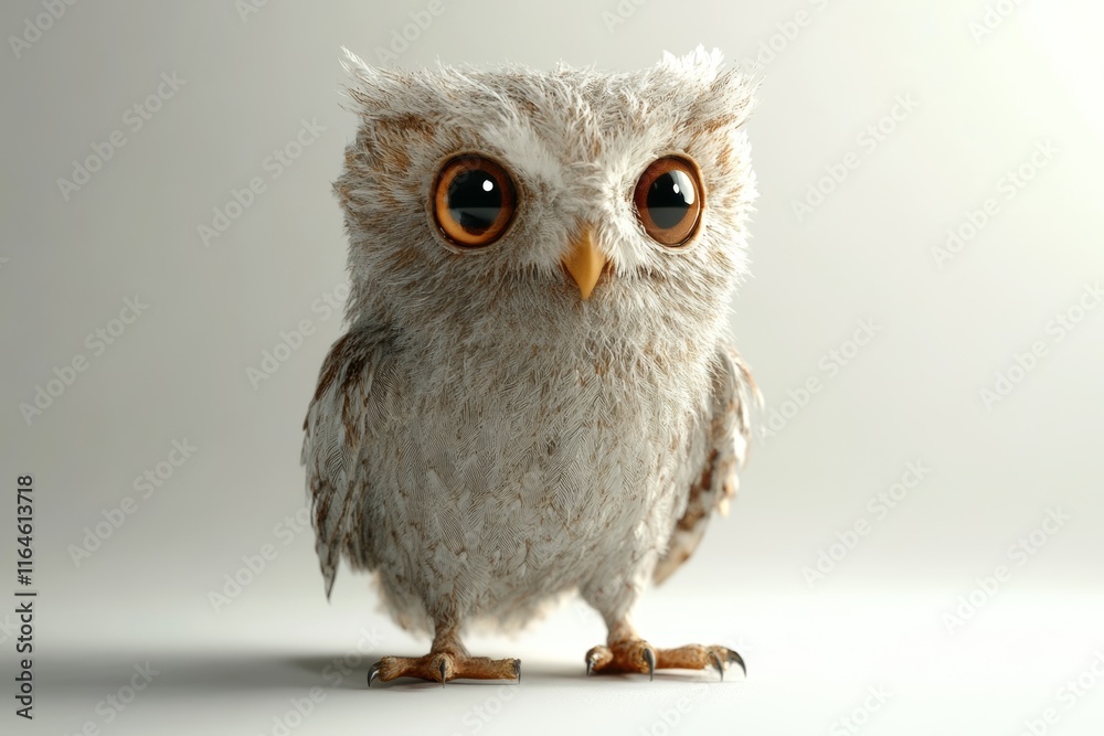 Naklejka premium A cute little owl with big eyes stands on a white background