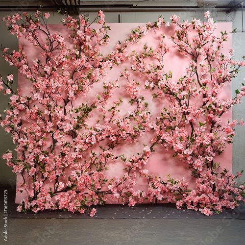 Beautiful cherry blossom wall art with pink flowers, perfect for modern interiors and design inspiration. photo