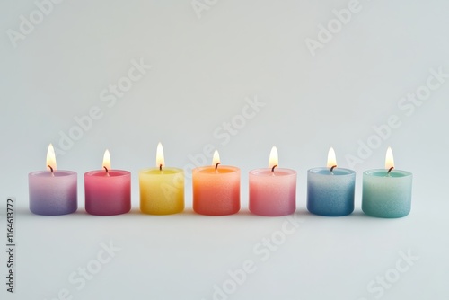 A serene arrangement of seven colorful candles burning against a simple backdrop, perfect for themes of relaxation and tranquility. photo