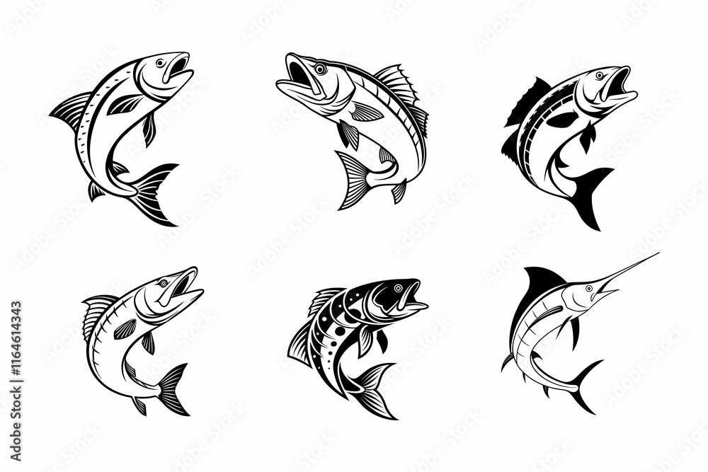 Fish Silhouette Vectors. Stylized Fish Illustrations Collection. Black and White Fish Vector Art Fish Silhouette Vectors. Stylized Fish Illustrations Collection. Black and White Fish Vector Art