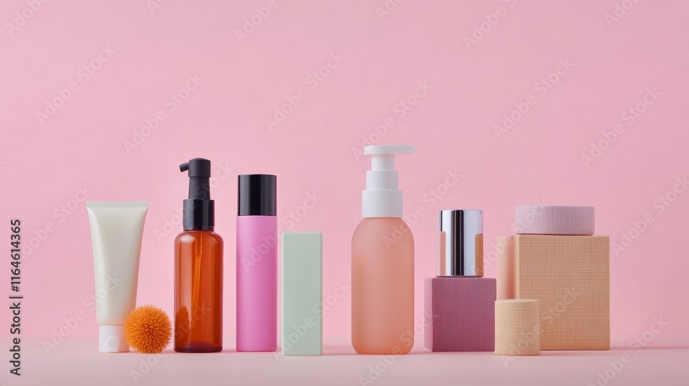 A row of beauty products including lotion, soap A row of beauty products including lotion, soap