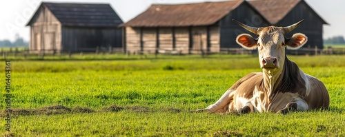 A Cachena cow resting on a tranquil farm, with wooden barns in the background and green grass all around, evoking a calm, rural atmosphere. photo