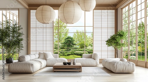 Modern minimalist living room with shoji screens, cream sofa, and zen garden view.