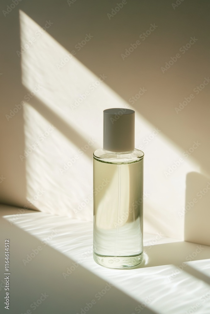 A bottle of perfume is sitting on a table in the sunlight A bottle of perfume is sitting on a table in the sunlight