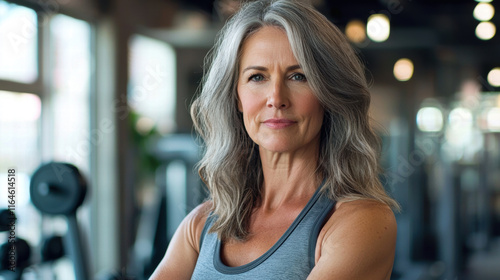 A middle-aged woman with salt-and-pepper hair, dressed in workout gear, standing confidently in a gym setting, with fitness equipment visible in the background Free Download A middle-aged woman with salt-and-pepper hair, dressed in workout gear, standing confidently in a gym setting, with fitness equipment visible in the background - GFXLoad