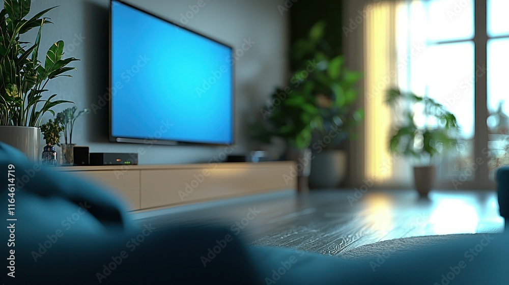 Fototapeta premium Modern living room with TV and plants.