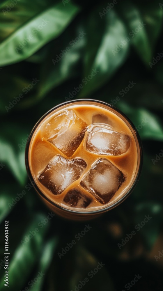 Obraz premium A glass of iced coffee with ice cubes in it. The ice cubes are scattered throughout the glass, creating a refreshing and cool appearance. Concept of relaxation and enjoyment