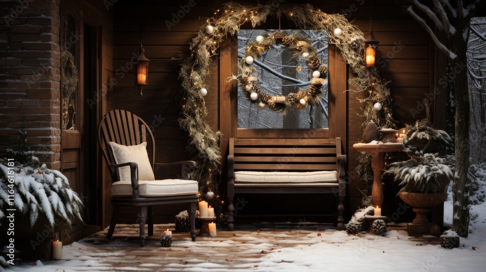 Fototapeta premium A wreath hangs on a window, and a bench is in front of it. The scene is set in a snowy environment, and the decorations give off a cozy and festive mood