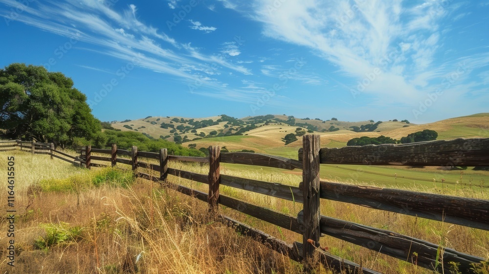 Tranquil Countryside Landscape with Rustic Fence and Rolling Hills Under a Clear Blue Sky Tranquil Countryside Landscape with Rustic Fence and Rolling Hills Under a Clear Blue Sky