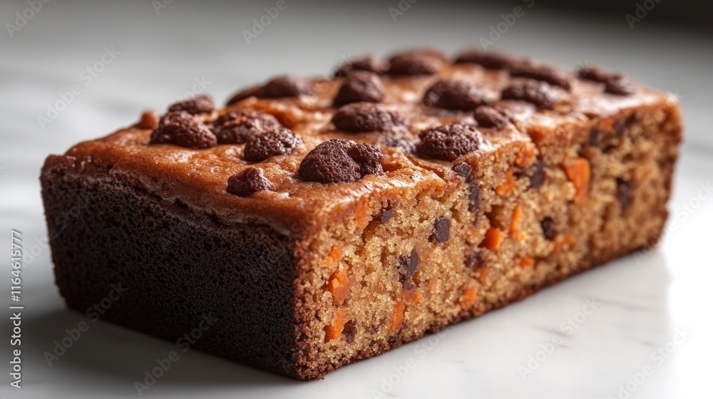 Loaf of sweet potato bread with chocolate chips and caramel icing, sliced in half, on marble surface. Loaf of sweet potato bread with chocolate chips and caramel icing, sliced in half, on marble surface.