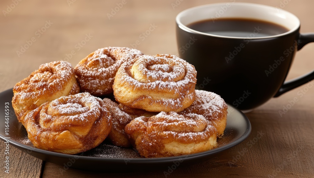 An appealing composition of cinnamon rolls dusted with sugar next to a cup of black coffee