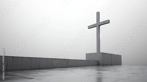 A gray stone cross is standing in front of a wall. The wall is made of concrete and has a gray color. The cross is the only visible object in the image