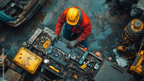 Overhead shot of mechanic performing computer diagnostics in a candid behindthescenes look photo