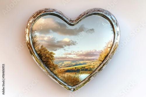 Enchanted, heart-shaped mirror, reflecting a romantic, bewitching landscape, on a soft, white background,